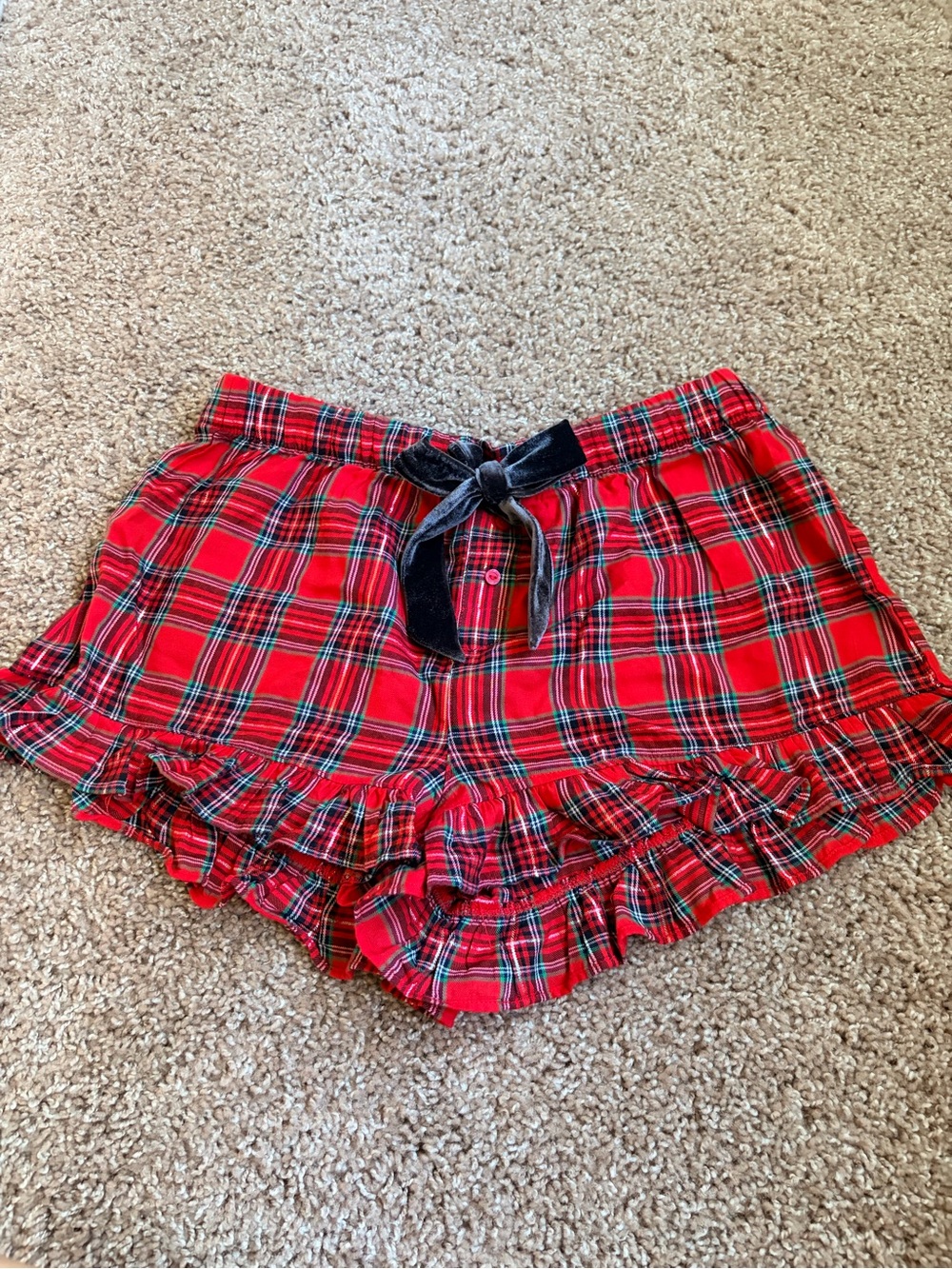 VS PINK Red Plaid Ruffle Women’s pajama Shorts with Velvet Tie